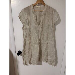 CP Shades Womens Linen Tunic Top M Beige Short Sleeve V-Neck